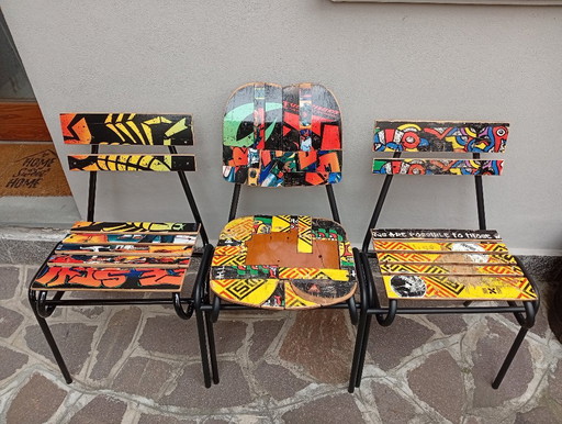 Three Unique Chairs - Skateboard & Recycled Design - Limited Edition Three Unique Pieces – kuipstoelen, Iron, Wood