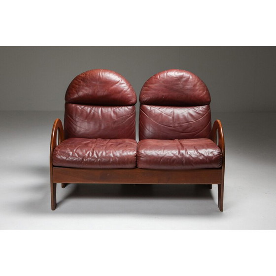 Image 1 of Vintage Gae Aulenti 'Arcata' Love Seat in Walnut and Burgundy Leather 1968