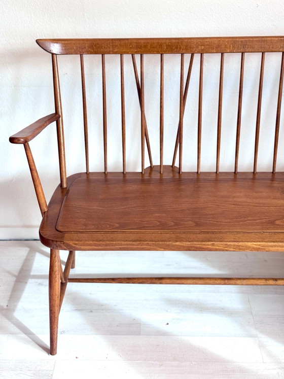 Vintage mid-century wooden slatted bench 1960s, Benches, Brown (photo 10 of 13)