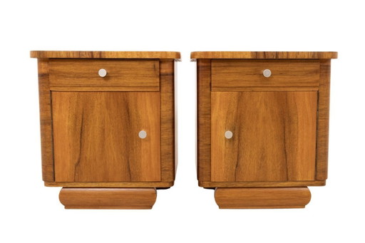 Vintage wooden bedside tables from the mid-20th century, after renovation.