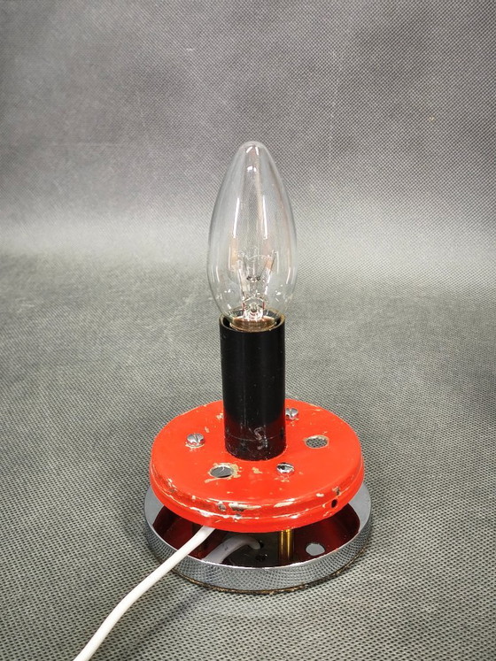 Pair of Red Perforated Metal Space Age Table Lamps, Czechoslovakia, 1970s, Chrome (photo 9 of 13)