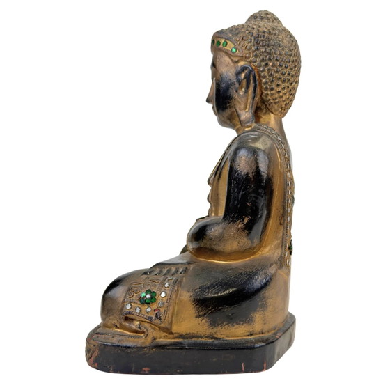Birmaans verguld houten Boeddha met glasinleg – Mandalay-stijl Myanmar – Beeldhouwkunst, Wood, Gold (photo 7 of 11)