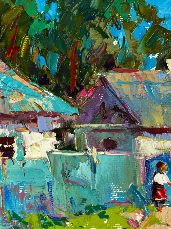Image 1 of Peinture à l'huile originale, paysage rural, village, retour des champs
