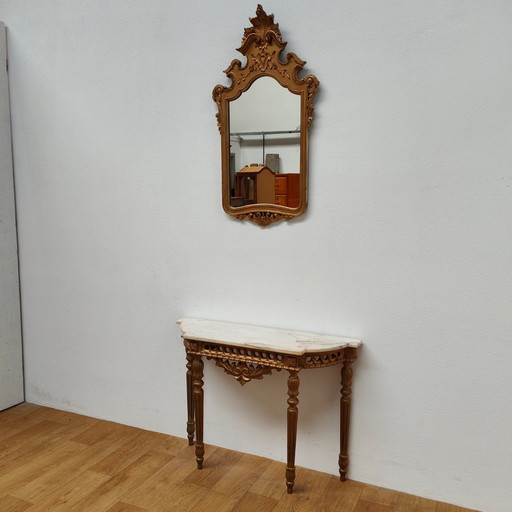 Italienischer Barock Rokoko Wandkonsole Beistelltisch mit Marmorplatte und Spiegel