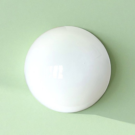 Image 1 of Pair of Art Deco style white opaline glass flush mount ceiling or wall lights 30 and 27cm