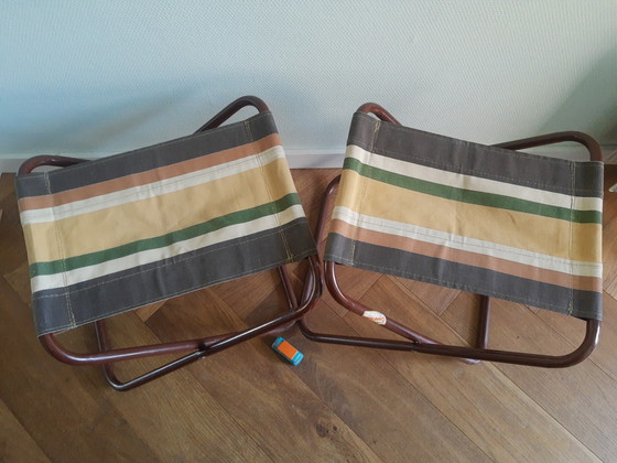 Set 70's Italiaanse buisframe campingkrukjes Grand Soleil, bruin – Tuinstoelen, Cotton, Metal (photo 12 of 12)