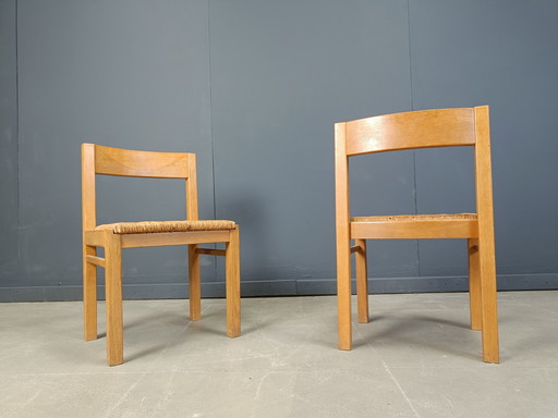 Vintage Oak and Wicker Dining Chairs Set of 6 - 1960s