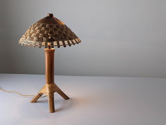 Image 1 of Bamboo and Rattan Table Lamp with Woven Shade, 1950s