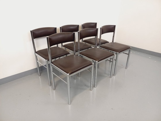 Image 1 of Set di 6 sedie vintage anni '70 in metallo cromato e similpelle marrone