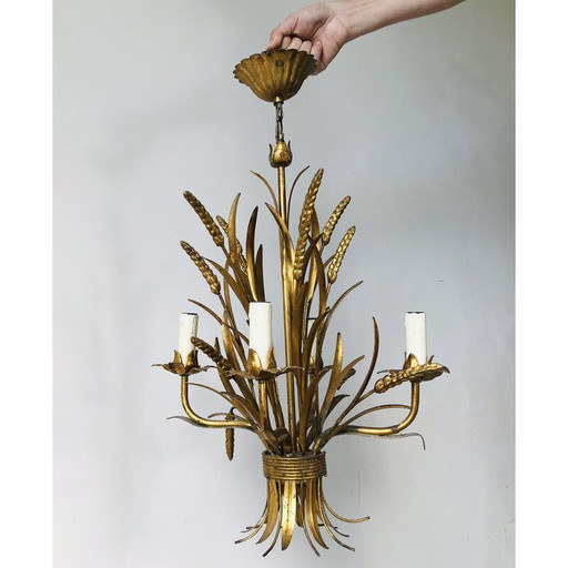 Vintage gilded metal wheat ear chandelier, 1960