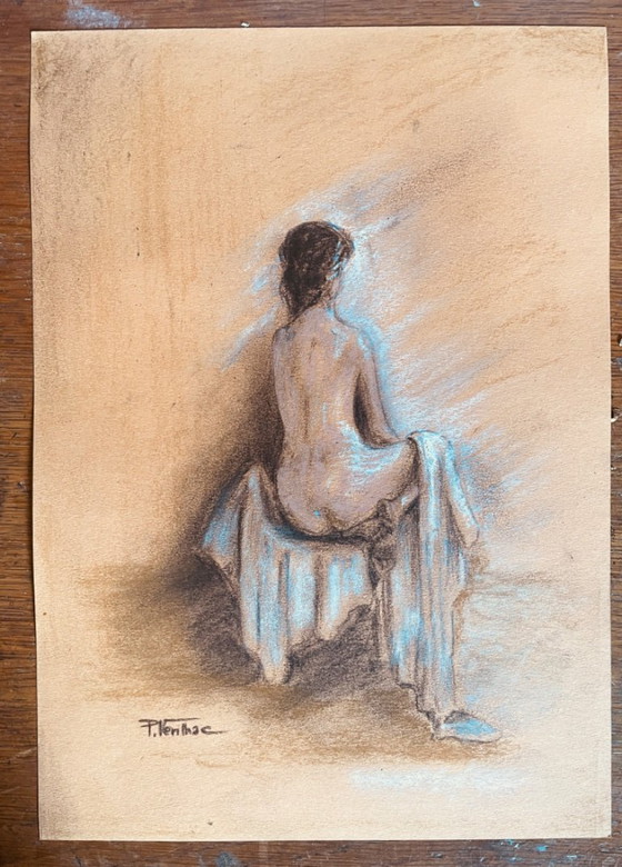 Image 1 of Pastel painting "female portrait from behind in a white drape"