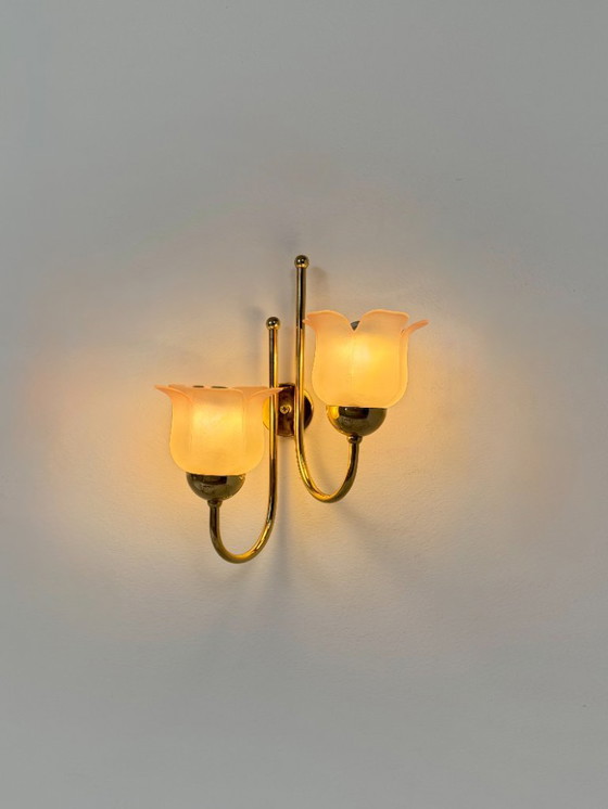 Image 1 of Vintage wall light, brass and pressed molded glass with a sandblasted pink finish, France, 1980
