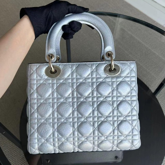 Image 1 of *FLAP OPEN* DIOR LADY MEDIUM - GRAINED CALFSKIN METALLIC SILVER GOLDEN HARDWARE