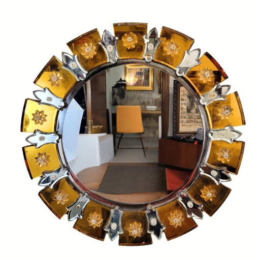 "Zon"-spiegel van Murano-glas, amberkleur, 20e eeuw – Italië