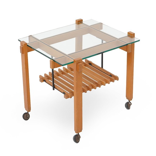 Wooden and glass coffee table with wheels, 1960s