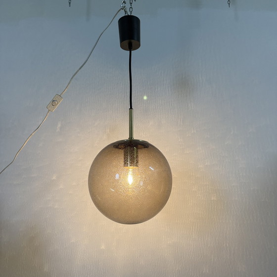 Image 1 of Limburg Glashütte Brass Smoked Glass Ball Pendant Hanging Lamp, 1970s