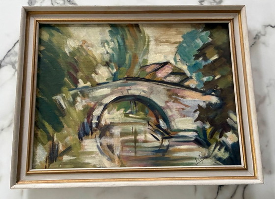 Vecchio dipinto a olio su tela Ponte ad arco – Dipinti e disegni (photo 2 of 7)