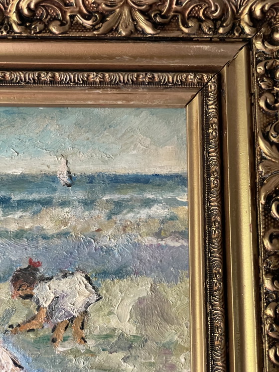Image 1 of À la plage, huile sur toile, signée, encadrée