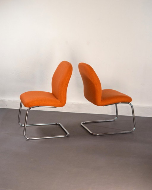 2x Tubular Steel Armchairs with Orange Upholstery, Germany, 1980