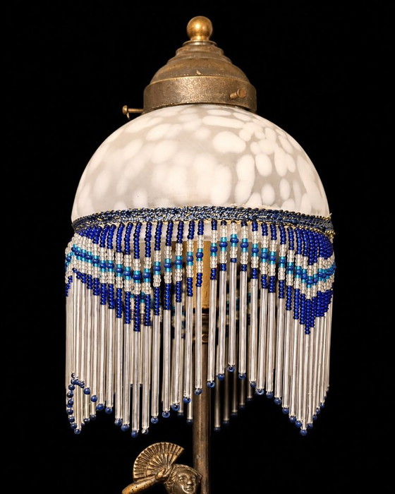 Italiaanse Art Nouveau-stijl Tafellamp met handgeschilderd glas, ca. 1950–1960 Vintage – Tafellampen, Brass (photo 7 of 8)