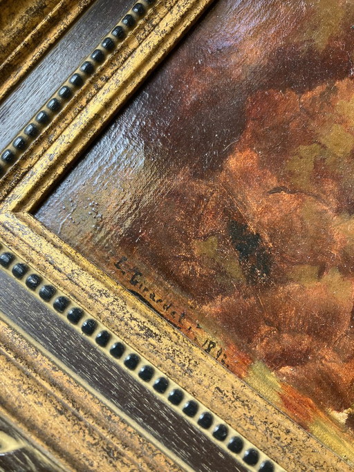 Antique river landscape painting signed