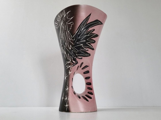 Image 1 of Vintage 1950s Vallauris ceramic vase by François Re, 50s Rockabilly Rooster