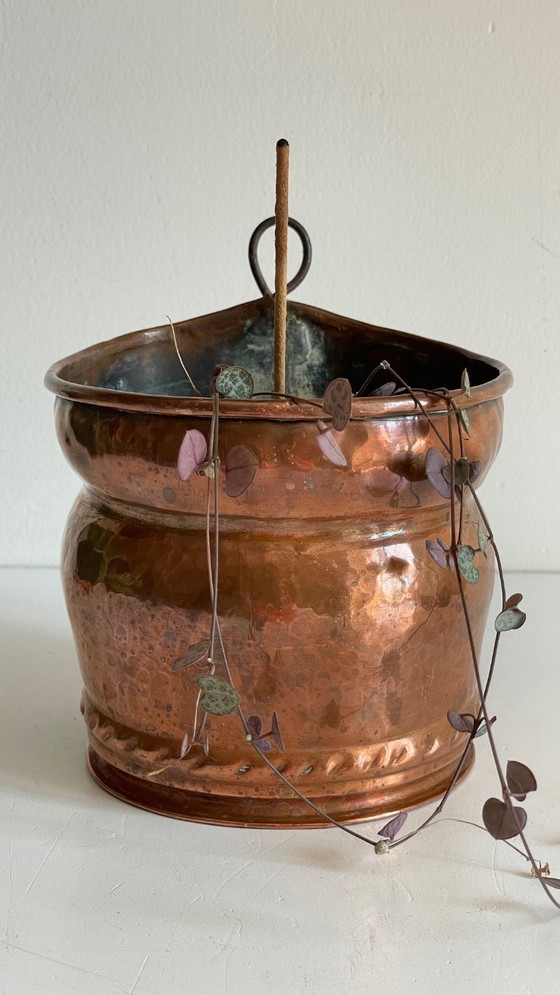 Image 1 of Hangende koperen en stalen plantenpot