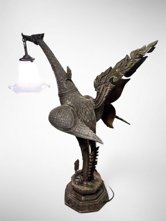 Image 1 of Scultura/lampada antica asiatica in bronzo raffigurante una fenice