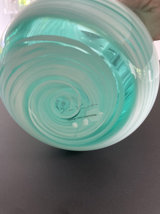 Image 1 of Mouth-blown vase in turquoise by Iina Vuorivirta
