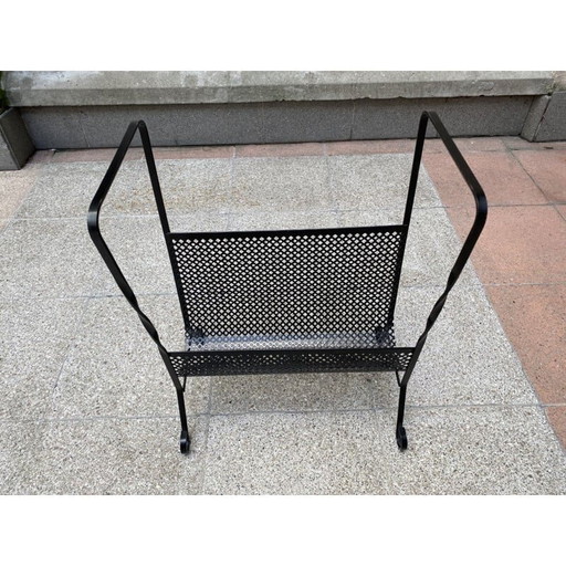 Vintage vinyl magazine rack, perforated metal and wrought iron by Mathieu Matégot, 1975