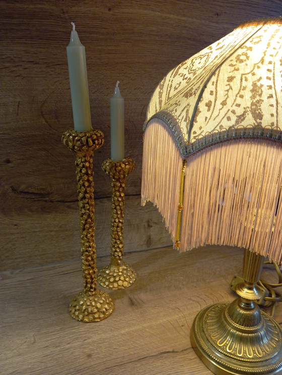 Image 1 of Bronze Living Room Lamp, Art Nouveau Style, Fabric and Fringe Dome Lampshade