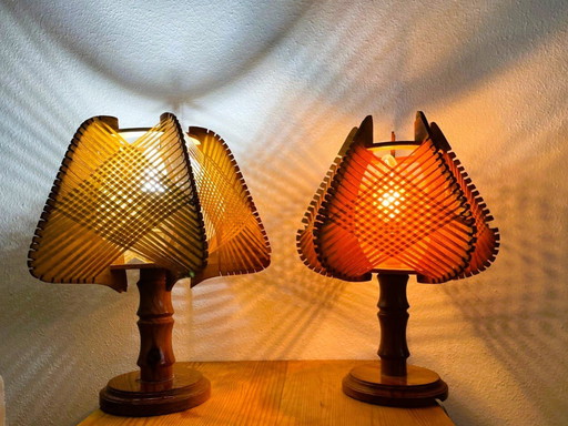 Portuguese rustic farmhouse wooden bedside table lamps, 1960s, Set of2