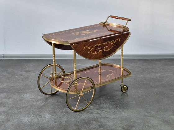 Image 1 of Serveerwagen barkar Trolley met zijkleppen, inleg van marqueterie, jaren 1970.