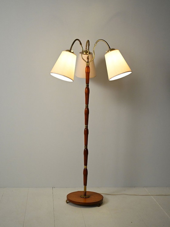 Image 1 of Three-arm teak and brass floor lamp, Scandinavia, 1940s–50s