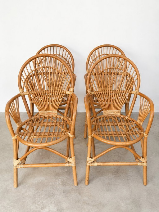 Rattan chairs, set of 4, 1960s vintage design, mid-century modern