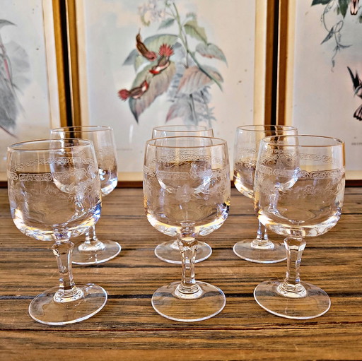 6 Cristal d'Arques Matignon liqueur glasses, engraved crystal