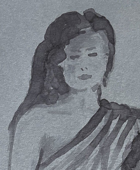 Image 1 of Aquarelle Monochrome sur Papier Denim - Portrait Féminin