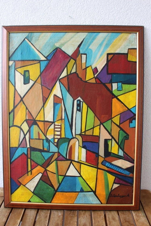 Mid-Century Modernist Portrait, Monogramm 'P D' signiert - Lebendiges kubistisches Ölgemälde