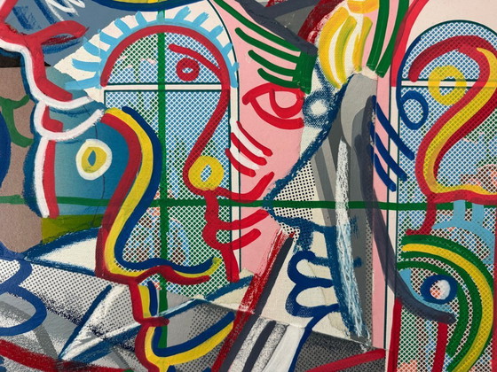 Image 1 of Thomas van der Linden – ‘Purple-brown interior with garden’ – mixed media on canvas