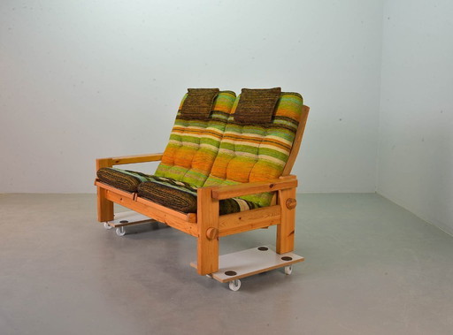 Yngve Ekstrom Mid-Century Scandinavian Design 2-Seat ‘Dymling’ Sofa in Pinewood and Rainbow Fabric for Swedese. Sweden, 1970s.