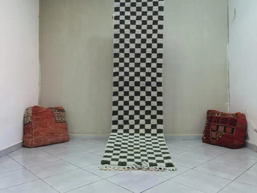 Handmade Moroccan wool rug: 300/70 cm abstract olive green checkered hallway runner