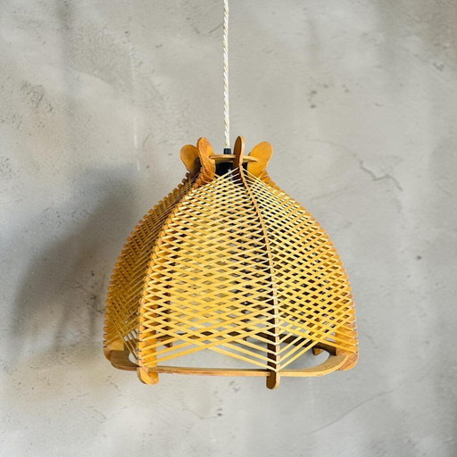 Large rustic style Portuguese wood and rattan hanging lamp, 1960s
