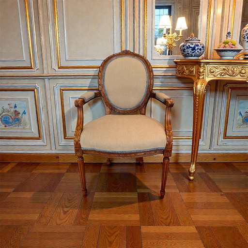 Lodewijk XVI fauteuil con ribstof beige e accenti blu