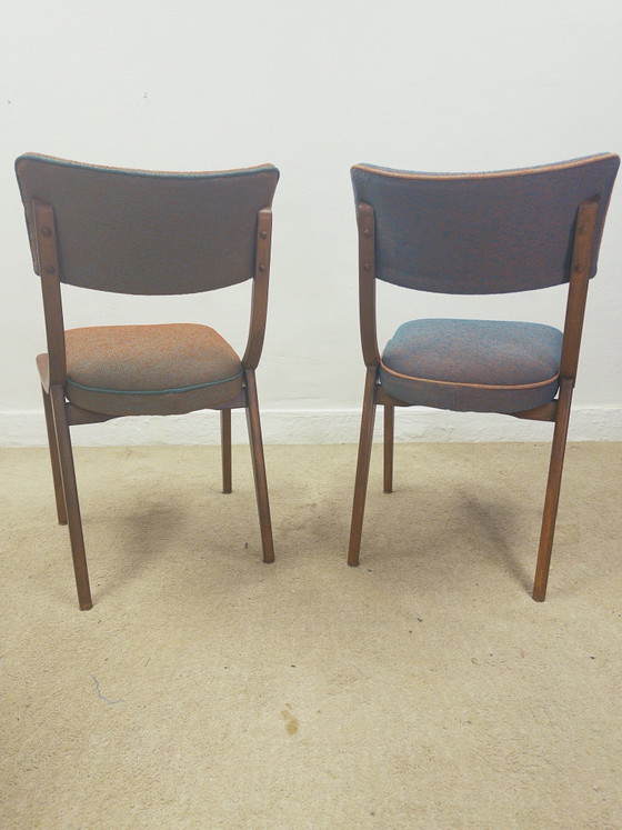 Mid century eetkamerstoelen, Hout, Textiel, Turquoise (foto 4 van 9)