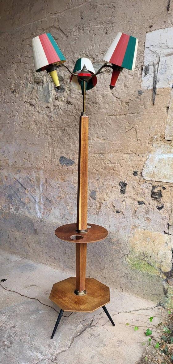 Lampadaire étagère vintage à 3 lumières des années 1950 – Wood, Plastic (photo 3 of 11)
