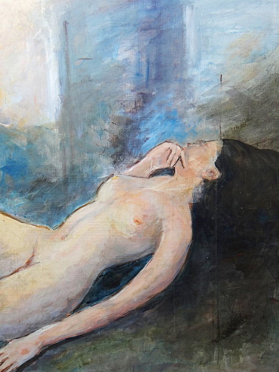Image 1 of Large painting of a reclining nude woman, modern oil on panel, vintage style
