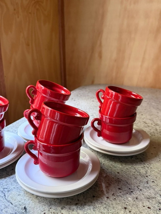 Vintage Huizen Holland Red Espresso Cups & Saucers Set | MCM Dutch Pottery MCM Kitchen Decor – Servies (photo 13 of 13)