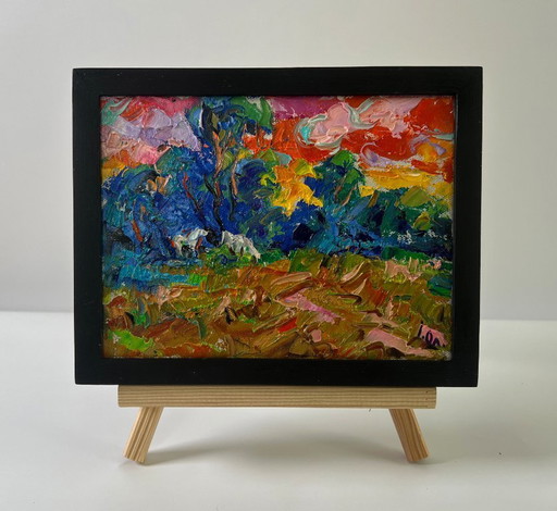 Original Oil Painting Sunset Forest Landscape Evening Nature – schilderijen tekeningen, Canvas
