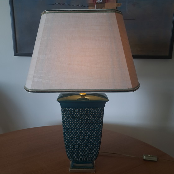 Viva Villa Pagoda Table Lamp 1970s – Teal Gold – French Hollywood Regency – Ceramic, Silk (photo 11 of 11)