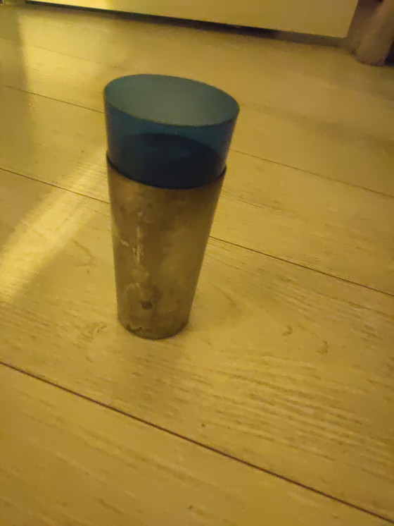 Image 1 of Silver plated sleeve with blue glass long drink glass